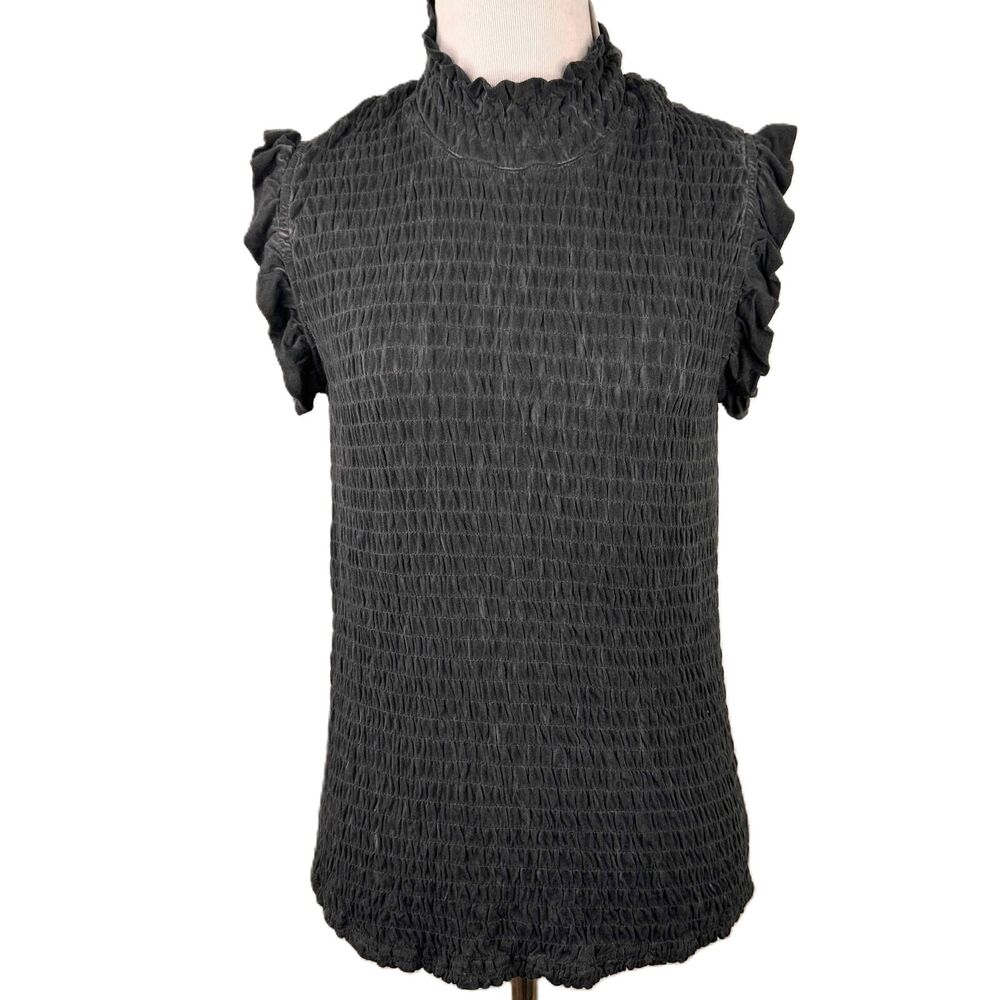 POL Black Ruffled Sleeves Mock Neck Textured Top Size Large